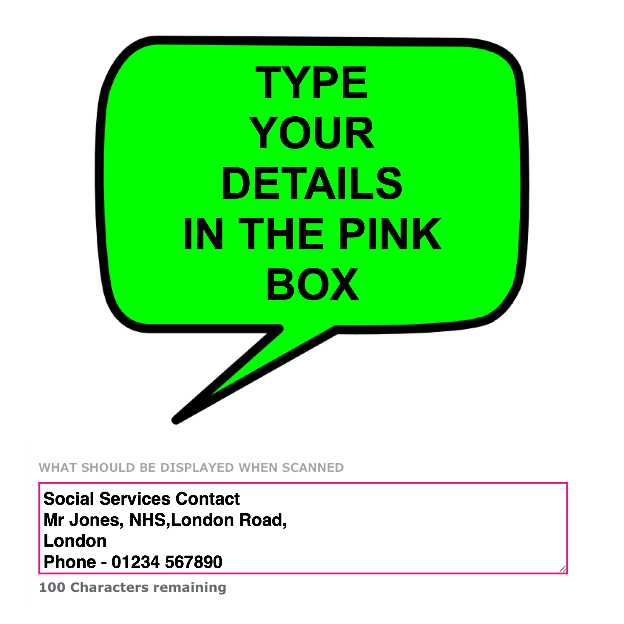 Emergency QR Code Scanning Pink Box The social services product website page pink box designed to contain the text that will be contained on the labels QR Code.
